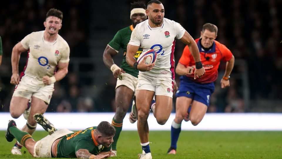 England's Joe Marchant breaks clear before setting up a try during the Autumn International match at Twickenham Stadium, London. Picture date: Saturday November 20, 2021. - Photo by Icon sport