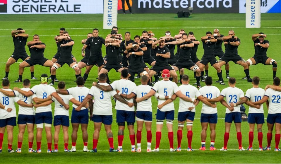 Team of New Zealand All Blacks performing the Haka during the Rugby World Cup match between France and New Zealand at Stade de France on September 8, 2023 in Paris, France. (Photo by Hugo Pfeiffer/Icon Sport)