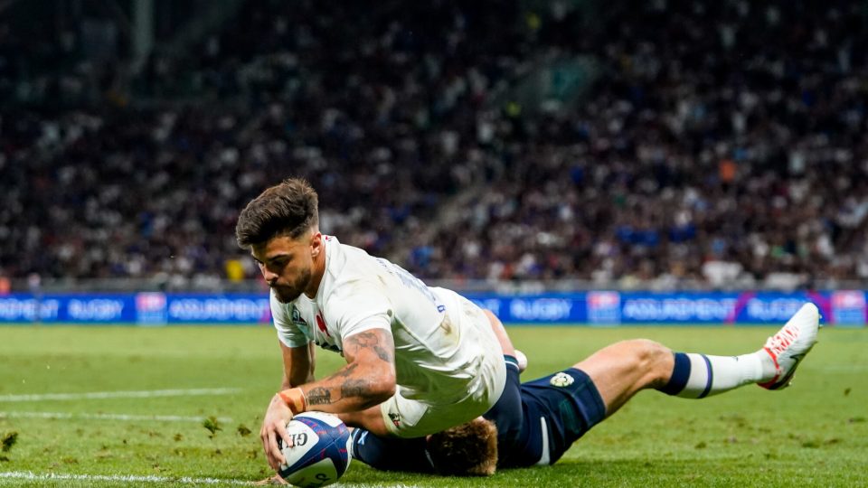 Romain NTAMACK of France score a try General View of Stade Geoffrey Guichard during the Summer Nations Series match between France and Ecosse on August 12, 2023 in Saint-Etienne, France. (Photo by Hugo Pfeiffer/Icon Sport)