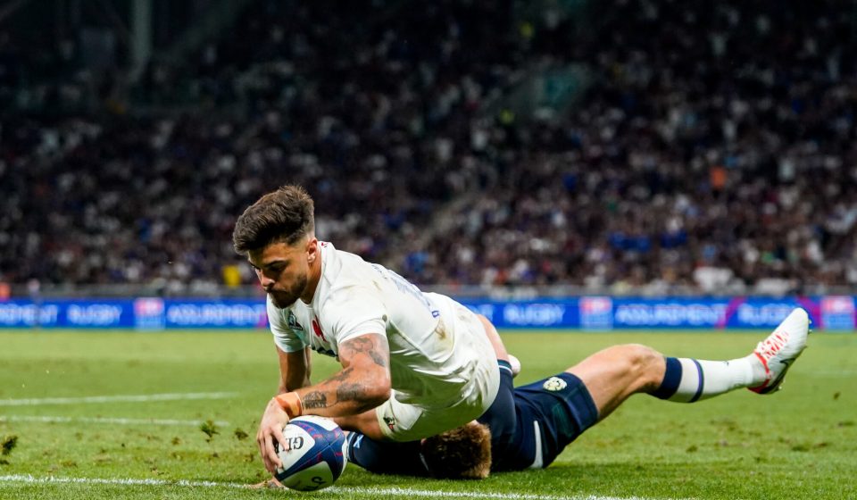 Romain NTAMACK of France score a try General View of Stade Geoffrey Guichard during the Summer Nations Series match between France and Ecosse on August 12, 2023 in Saint-Etienne, France. (Photo by Hugo Pfeiffer/Icon Sport)
