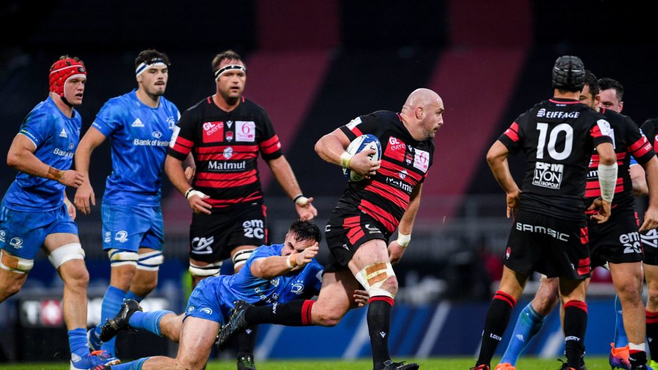 23 November 2019; Carl Fearns of Lyon is tackled by Rónan Kelleher of Leinster during the Heineken Champions Cup Pool 1 Round 2 match between Lyon and Leinster at Matmut Stadium in Lyon, France. Photo by Ramsey Cardy/Sportsfile