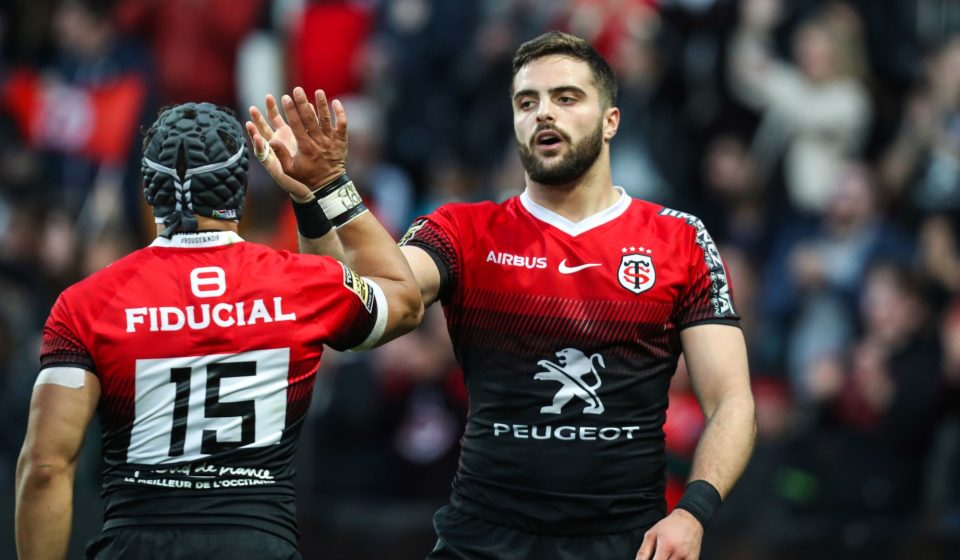 Lucas TAUZIN of Toulouse celebrates with Cheslin KOLBE during the Top 14 match between Stade Toulousain and Montpellier Herault Rugby on February 23, 2020 in Toulouse, France. (Photo by Manuel Blondeau/Icon Sport) - Cheslin KOLBE - Lucas TAUZIN - Stade Ernest-Wallon - Toulouse (France)