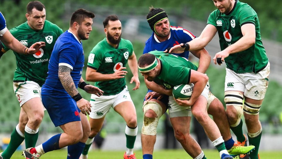 14 February 2021; Rob Herring of Ireland is tackled by Grégory Alldritt of France during the Guinness Six Nations Rugby Championship match between Ireland and France at the Aviva Stadium in Dublin. Photo by Brendan Moran/Sportsfile