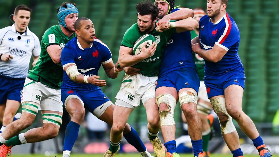 14 February 2021; Robbie Henshaw of Ireland is tackled by Grégory Alldritt of France during the Guinness Six Nations Rugby Championship match between Ireland and France at the Aviva Stadium in Dublin. Photo by Brendan Moran/Sportsfile