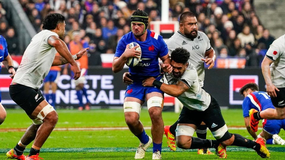 Gregory ALLDRITT of France and Ardie SAVEA of New Zealand All Blacks during the Autumn Nations Series match between France and New Zealand on November 20, 2021 in Paris, France. (Photo by Hugo Pfeiffer/Icon Sport)