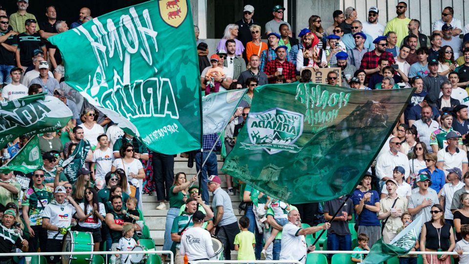 Fans of Section Paloise during the Top 14 match between Pau and Castres at Stade du Hameau on May 6, 2023 in Pau, France. (Photo by Pierre Costabadie/Icon Sport)