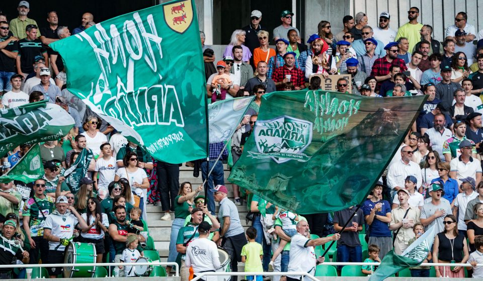 Fans of Section Paloise during the Top 14 match between Pau and Castres at Stade du Hameau on May 6, 2023 in Pau, France. (Photo by Pierre Costabadie/Icon Sport)