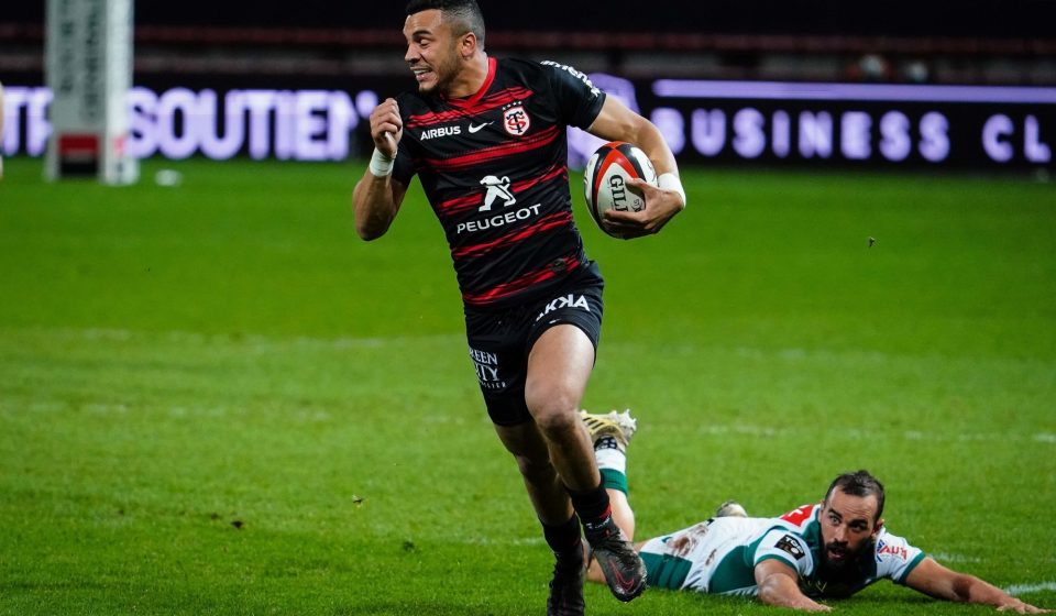 Matthis LEBEL of Stade Toulousain and Samuel MARQUES of Section Paloise during the Top 14 match between Toulouse and Pau on February 12, 2021 in Toulouse, France. (Photo by Pierre Costabadie/Icon Sport) - Samuel MARQUES - Matthis LEBEL - Stade Ernest-Wallon - Toulouse (France)
