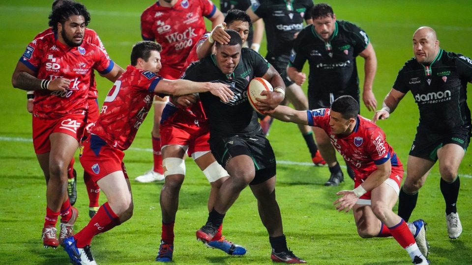 John DYER of Biarritz Olympique PB Michael SIMUTOGA of FC Grenoble Rugby Jeremy VALENCOT of FC Grenoble Rugby and Tanginoa HALAIFONUA of FC Grenoble Rugby during the Pro D2 match between Biarritz and Grenoble on February 26, 2021 in Biarritz, France. (Photo by SPierre Costabadie/Icon Sport) - Jeremy VALENCOT - Michael SIMUTOGA - John DYER - Tanginoa HALAIFONUA - Parc des Sports d'Aguilera - Biarritz (France)