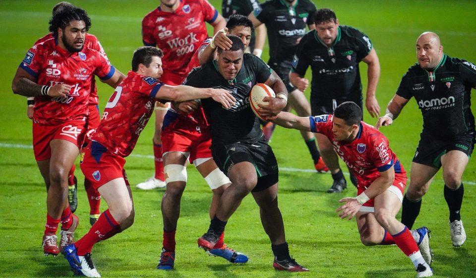 John DYER of Biarritz Olympique PB Michael SIMUTOGA of FC Grenoble Rugby Jeremy VALENCOT of FC Grenoble Rugby and Tanginoa HALAIFONUA of FC Grenoble Rugby during the Pro D2 match between Biarritz and Grenoble on February 26, 2021 in Biarritz, France. (Photo by SPierre Costabadie/Icon Sport) - Jeremy VALENCOT - Michael SIMUTOGA - John DYER - Tanginoa HALAIFONUA - Parc des Sports d'Aguilera - Biarritz (France)