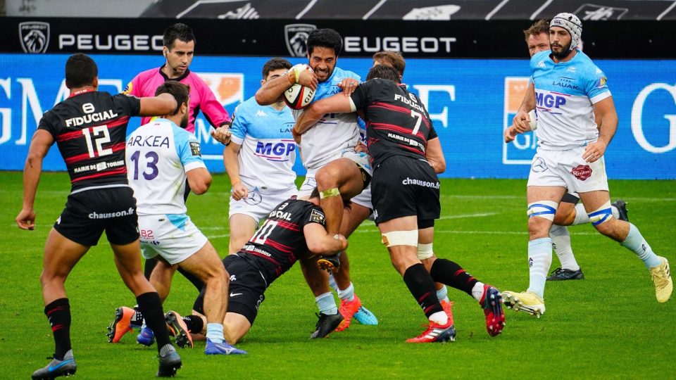 Malietoa SEULI HINGANO of Aviron Bayonnais Peyo MUSCARDITZ of Aviron Bayonnais Santiago CHOCOBARES of Stade Toulousain Rynhardt Elstadt of Stade Toulousain and Zack HOLMES of Stade Toulousain during the Top 14 match between Toulouse v Bayonne at Stade Ernest Wallon on May 15, 2021 in Toulouse, France. (Photo by Pierre Costabadie/Icon Sport) - Zack HOLMES - Peyo MUSCARDITZ - Rynhardt ELSTADT - Malietoa HINGANO - Santiago CHOCOBARES - Stade Ernest-Wallon - Toulouse (France)