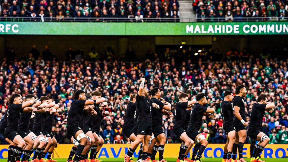 13 November 2021; New Zealand players perform the Haka before the Autumn Nations Series match between Ireland and New Zealand at Aviva Stadium in Dublin. Photo by Brendan Moran/Sportsfile