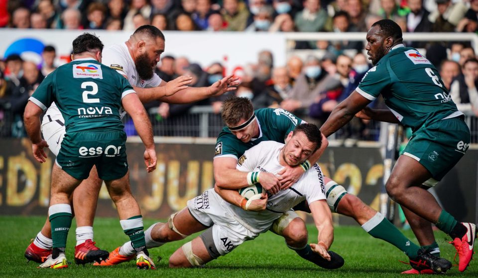 Rynhardt Elstadt of Stade Toulousain Charlie FAUMUINA of Stade Toulousain and Jordan JOSEPH of Section Paloise during the Top 14 match between Pau and Toulouse at Stade du Hameau on February 19, 2022 in Pau, France. (Photo by Pierre Costabadie/Icon Sport)
