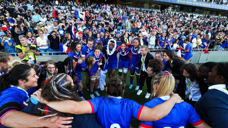 France players celebrate after winning the 2021 Women's Rugby World Cup bronze final between France and Canada at Eden Park in Auckland, New Zealand on Saturday, 12 November 2022.