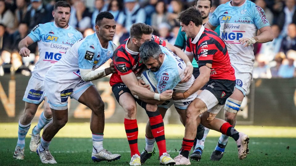 Yann DAVID of Aviron Bayonnais Sireli MAQALA of Aviron Bayonnais Baptiste SERIN of RC Toulon and Daniel Rhys BIGGAR of RC Toulon during the Top 4 match between Bayonne and Toulon at Stade Jean Dauger on December 31, 2022 in Bayonne, France. (Photo by Pierre Costabadie/Icon Sport)