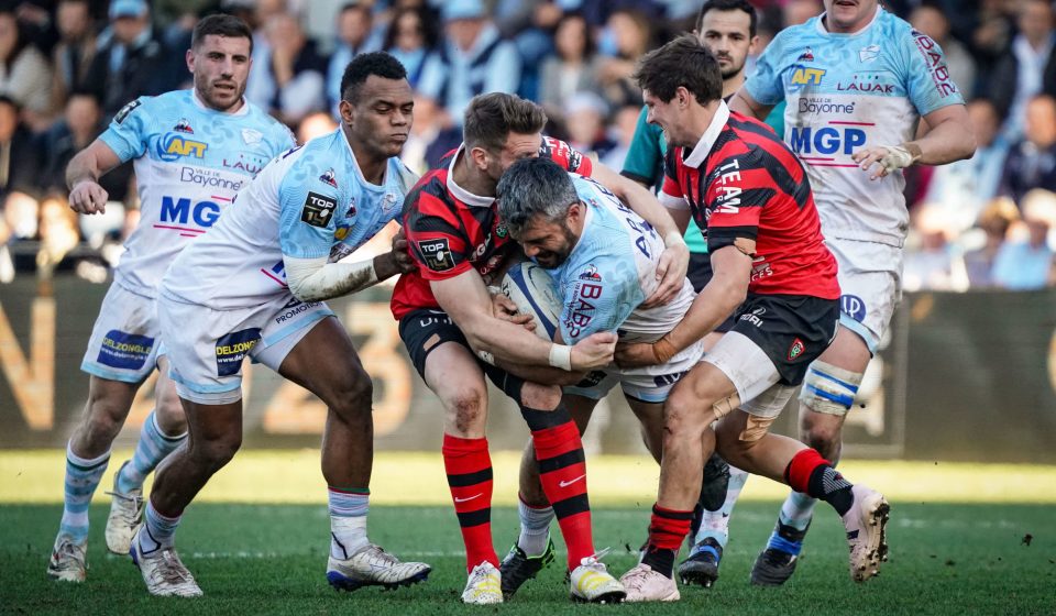 Yann DAVID of Aviron Bayonnais Sireli MAQALA of Aviron Bayonnais Baptiste SERIN of RC Toulon and Daniel Rhys BIGGAR of RC Toulon during the Top 4 match between Bayonne and Toulon at Stade Jean Dauger on December 31, 2022 in Bayonne, France. (Photo by Pierre Costabadie/Icon Sport)