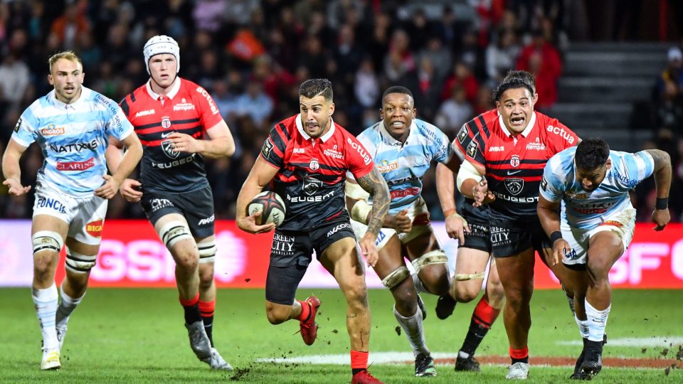 Sofiane GUITOUNE of Stade Toulousain and Cameron WOKI of Racing 92 during the Top 14 match between Toulouse and Racing 92 on September 24, 2022 in Toulouse, France. (Photo by Franco Arland/Icon Sport)