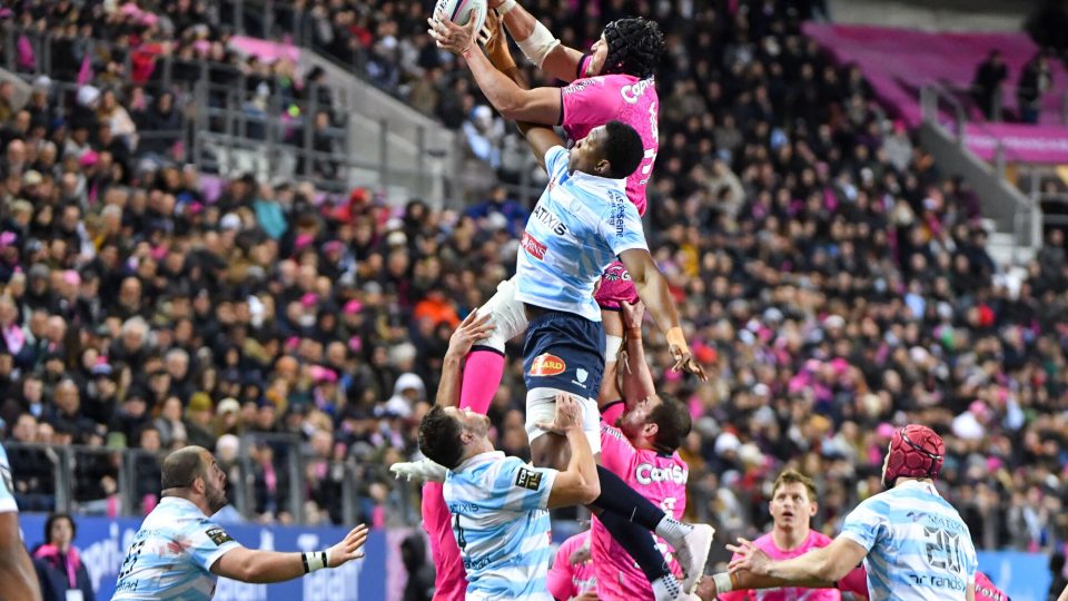 Paul GABRILLAGUES of Stade Francais and Cameron WOKI of Racing 92 during the Top 14 match between Stade Francais and Racing 92 at Stade Jean Bouin on March 26, 2023 in Paris, France. (Photo by Franco Arland/Icon Sport)