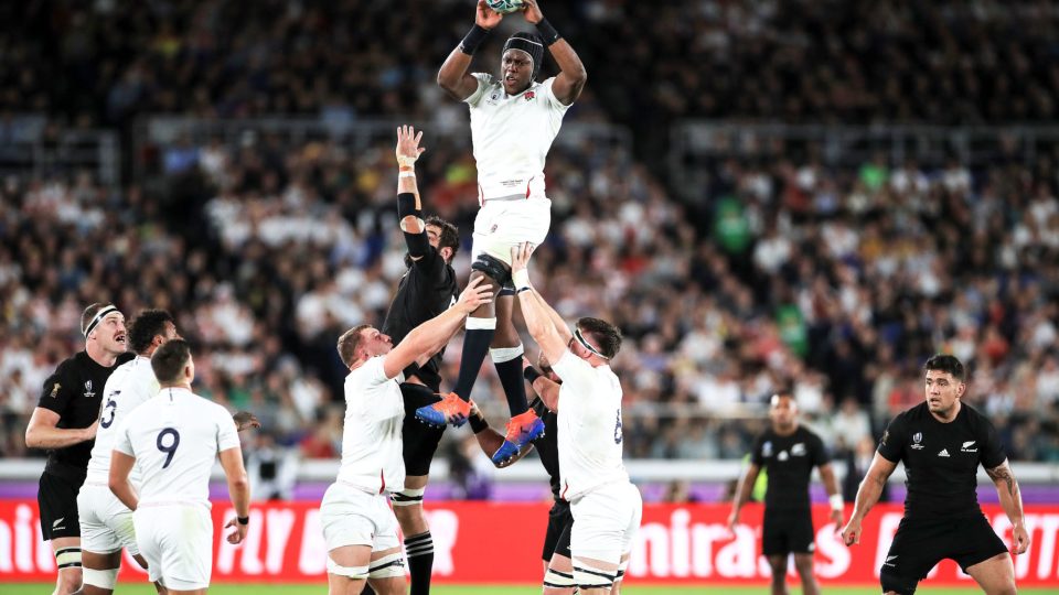England's Maro Itoje wins a lineout during the 2019 Rugby World Cup Semi Final match at International Stadium Yokohama.