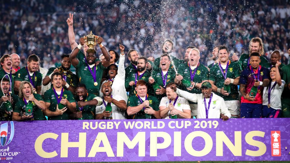 South Africa's Siya Kolisi lifts the Webb Ellis cup after South After win the 2019 Rugby World Cup final match at Yokohama Stadium.