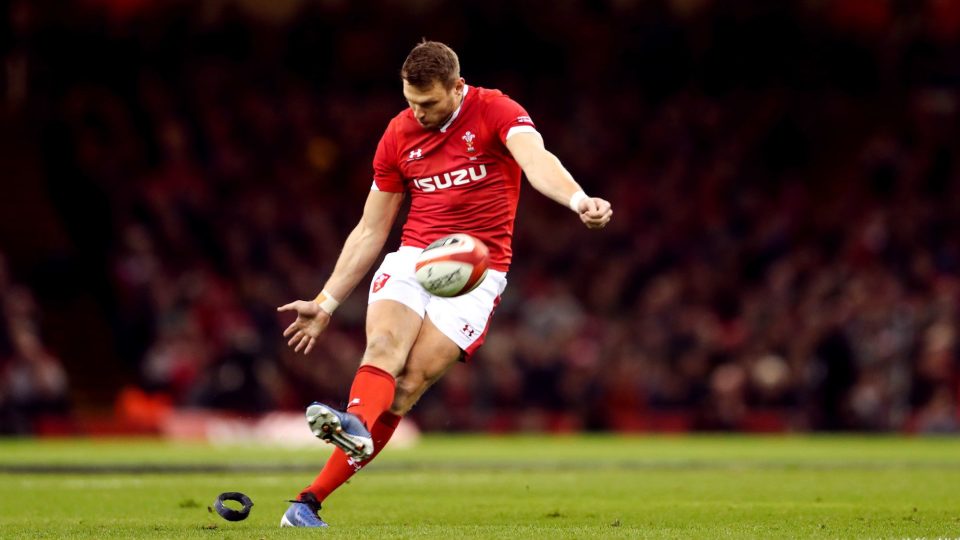 Walesí Dan Biggar kicks at goal during the Guinness Six Nations match at the Principality Stadium, Cardiff.