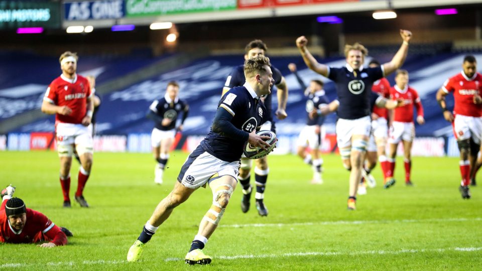 Scotland's Darcy Graham runs in to score his sides first try during the Guinness Six Nations match at BT Murrayfield Stadium, Edinburgh. Picture date: Saturday February 13, 2021.