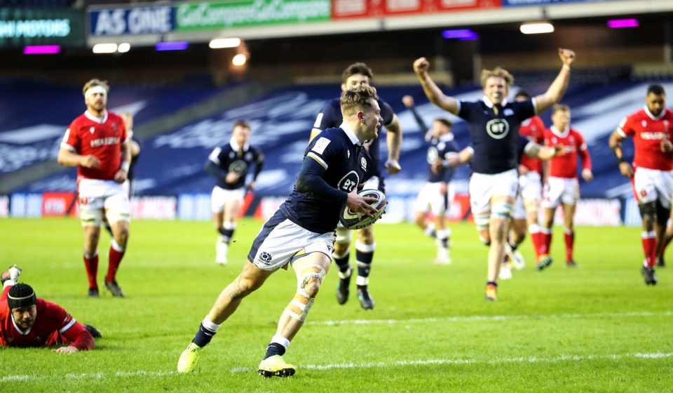 Scotland's Darcy Graham runs in to score his sides first try during the Guinness Six Nations match at BT Murrayfield Stadium, Edinburgh. Picture date: Saturday February 13, 2021.