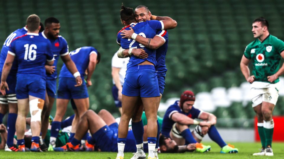 France's Teddy Thomas (left) and Gael Fickou celebrate at the final whistle after the Guinness Six Nations match at the Aviva Stadium, Dublin. Picture date: Sunday February 14, 2021.
