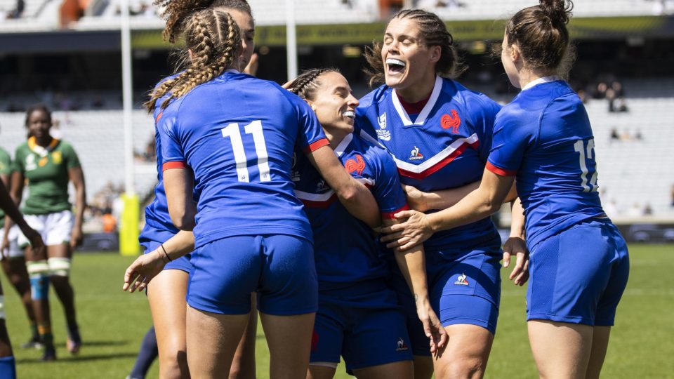 France's Laure Sansus celebrates scoring the opening try during to the Women's Rugby World Cup 2021 match at Eden Park in Auckland, New Zealand. Picture date: Saturday October 8, 2022. - Photo by Icon sport
