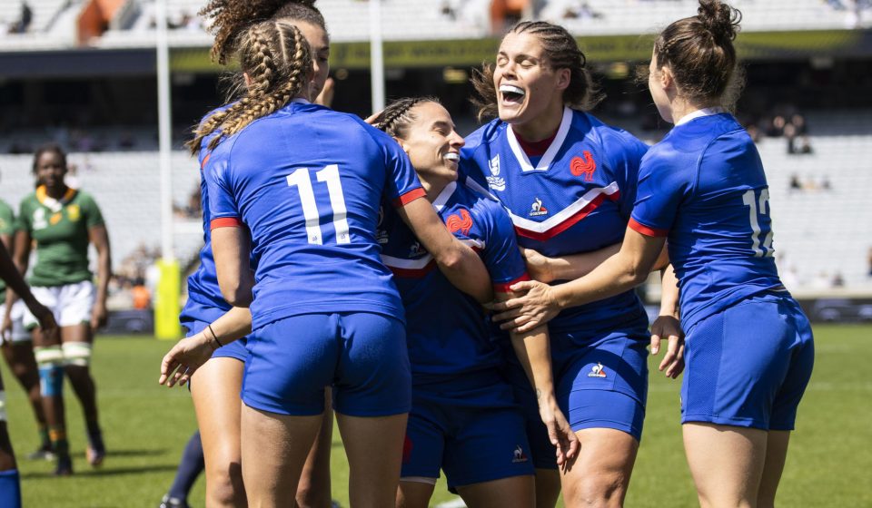 France's Laure Sansus celebrates scoring the opening try during to the Women's Rugby World Cup 2021 match at Eden Park in Auckland, New Zealand. Picture date: Saturday October 8, 2022. - Photo by Icon sport