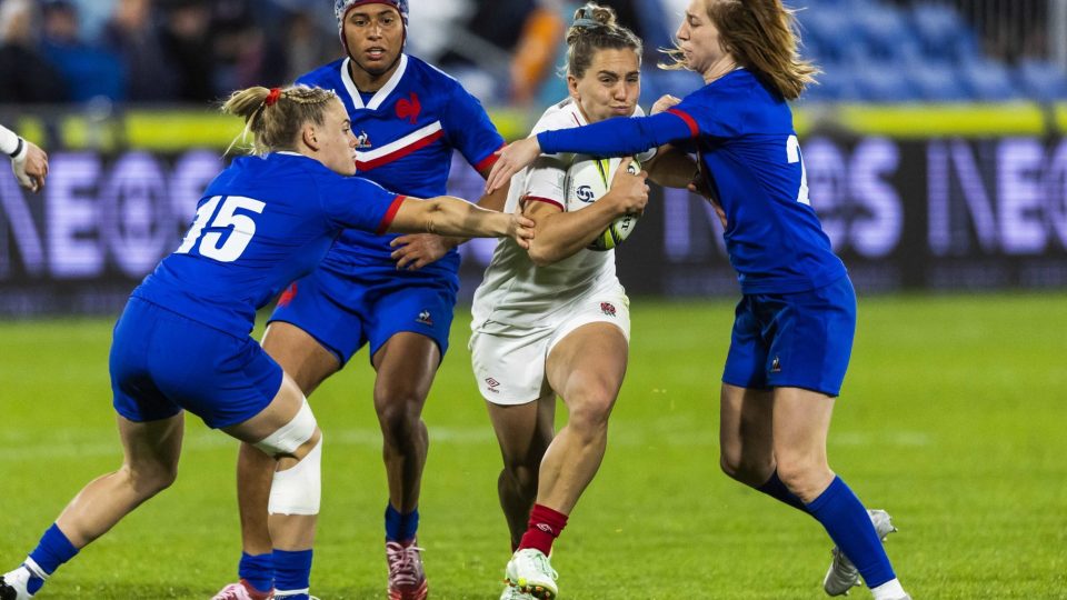 England's Claudia MacDonald is tackled during the Women's Rugby World Cup pool C match at Northland Events Centre, Whangarei, New Zealand. Picture date: Saturday October 15, 2022. - Photo by Icon sport