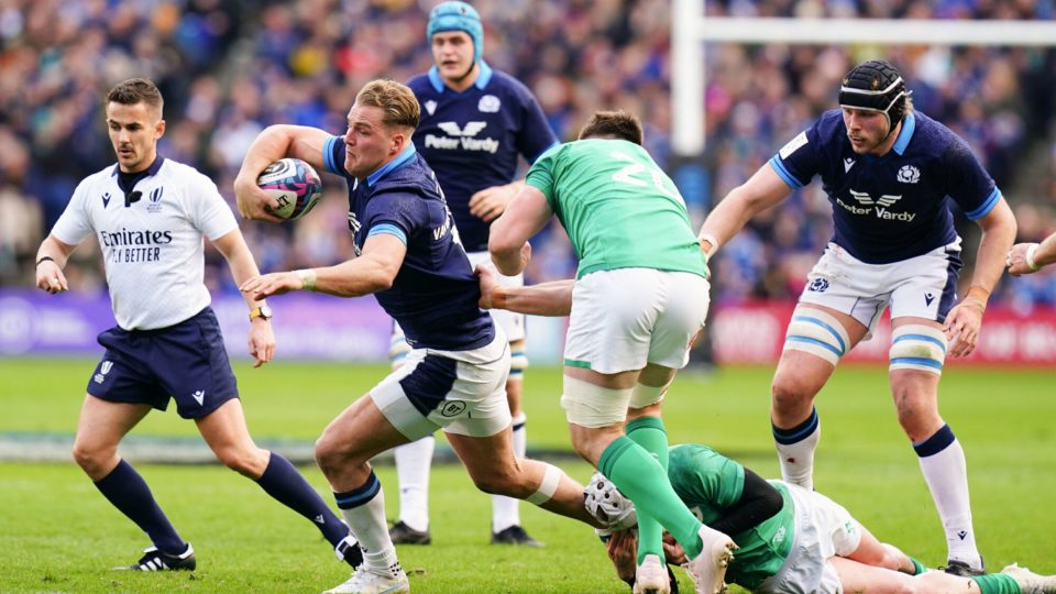 Scotland?s Duhan van de Merwe gets past Ireland?s Jack Conan during the Guinness Six Nations match at BT Murrayfield Stadium, Edinburgh. Picture date: Sunday March 12, 2023. - Photo by Icon sport