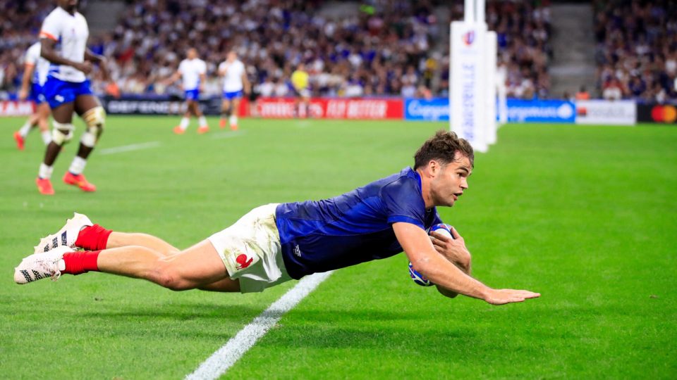 Damian Penaud #14 of France during the Rugby World Cup match between France and Namibia at Stade de Marseille on September 21, 2023 in Marseille, France. Photo by Baptiste Paquot/ABACAPRESS.COM - Photo by Icon sport