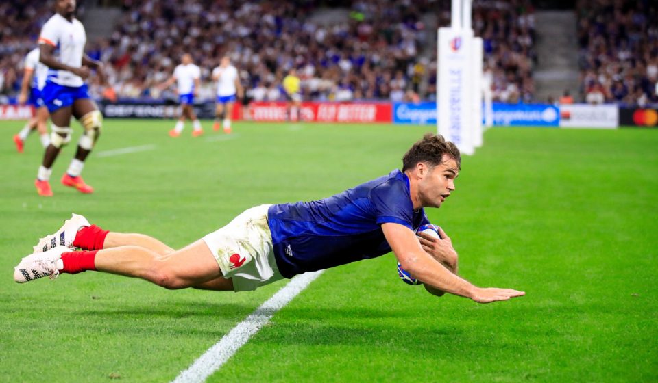 Damian Penaud #14 of France during the Rugby World Cup match between France and Namibia at Stade de Marseille on September 21, 2023 in Marseille, France. Photo by Baptiste Paquot/ABACAPRESS.COM - Photo by Icon sport