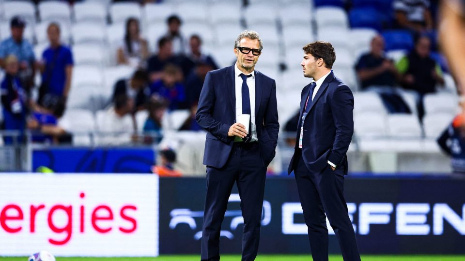 Head Coach of France Fabien Galthie and Antoine Dupont prior the Rugby World Cup Pool A match between France and Italy at Stade de Lyon on October 06, 2023 in Lyon, France. Photo by Baptiste Paquot/ABACAPRESS.COM - Photo by Icon sport