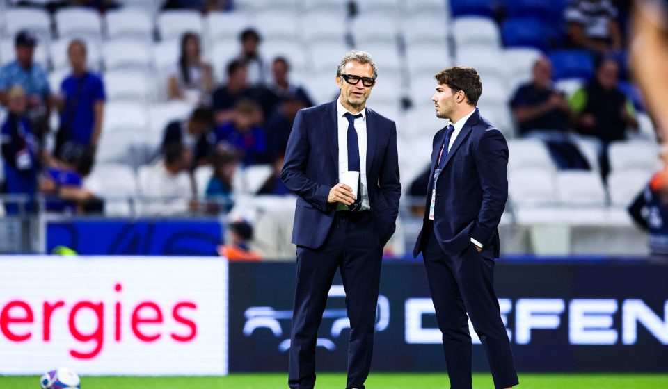 Head Coach of France Fabien Galthie and Antoine Dupont prior the Rugby World Cup Pool A match between France and Italy at Stade de Lyon on October 06, 2023 in Lyon, France. Photo by Baptiste Paquot/ABACAPRESS.COM - Photo by Icon sport