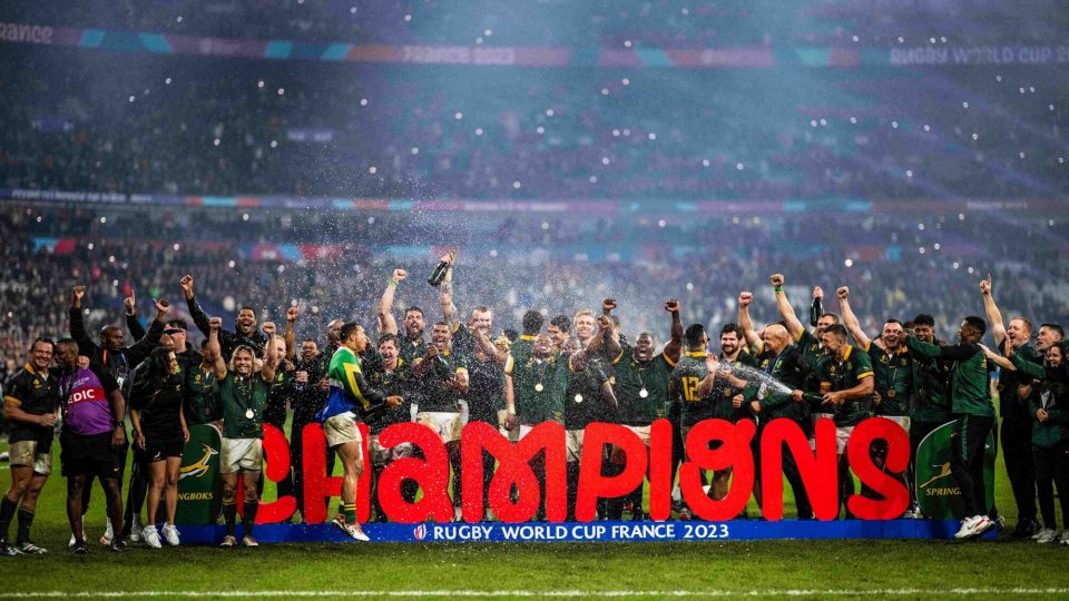 South African reacts after win the Webb Ellis Cup on the podium during the France 2023 Rugby World Cup Final match between New Zealand and South Africa at the Stade de France in Saint-Denis, on the outskirts of Paris, on October 28, 2023.
Photo by Eliot Blondet / ABACAPRESS.COM - Photo by Icon sport