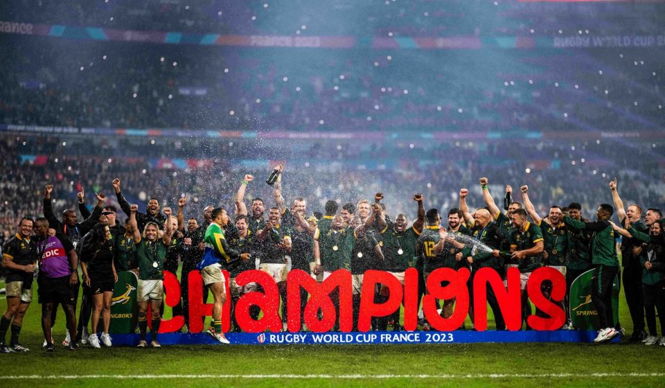 South African reacts after win the Webb Ellis Cup on the podium during the France 2023 Rugby World Cup Final match between New Zealand and South Africa at the Stade de France in Saint-Denis, on the outskirts of Paris, on October 28, 2023.
Photo by Eliot Blondet / ABACAPRESS.COM - Photo by Icon sport