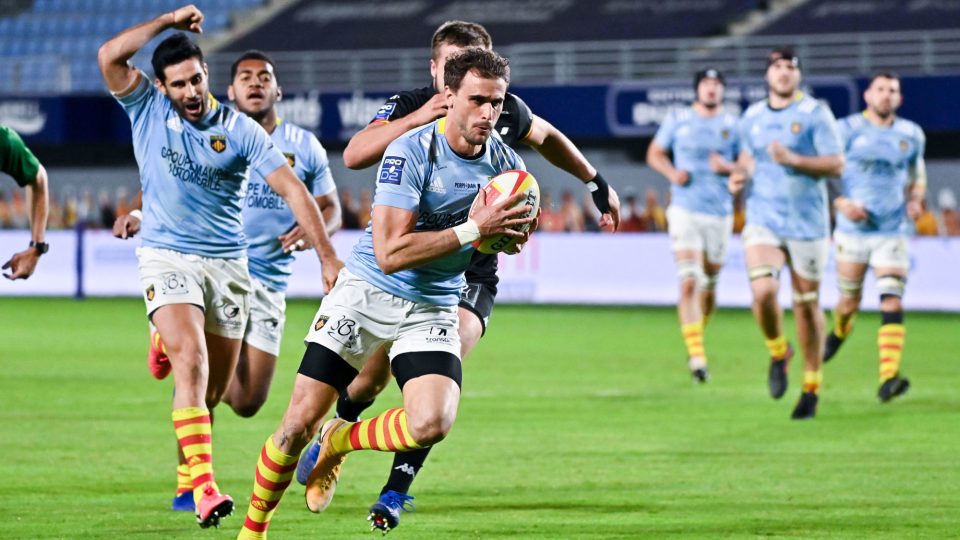 Jean-Bernard PUJOL of Perpignan scores the sixth try  during the Pro D2 match between USAP Perpignan and Provence at Stade Aime Giral on March 11, 2021 in Perpignan, France. (Photo by Alexandre Dimou/Icon Sport) - Jean-Bernard PUJOL - Stade Gilbert Brutus - Perpignan (France)