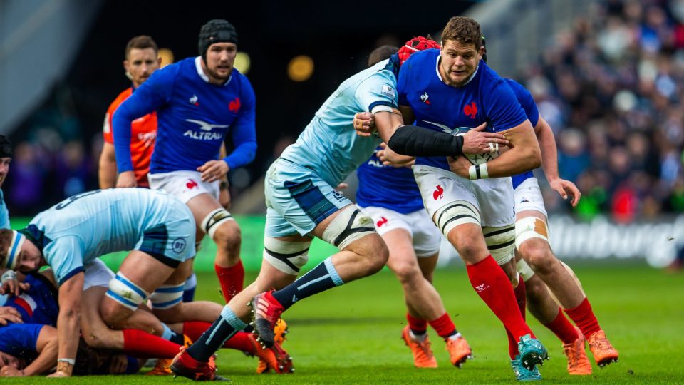 8th March 2020; Murrayfield Stadium, Edinburgh, Scotland; International Six Nations Rugby, Scotland versus France; Julien Marchand of France is tackled by Scott Cummings of Scotland