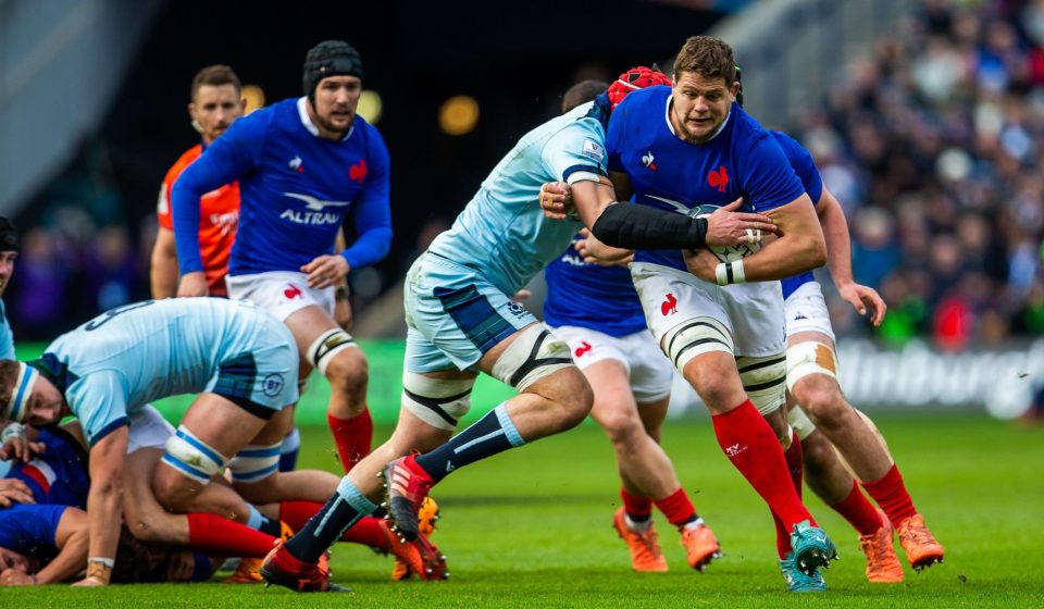 8th March 2020; Murrayfield Stadium, Edinburgh, Scotland; International Six Nations Rugby, Scotland versus France; Julien Marchand of France is tackled by Scott Cummings of Scotland
