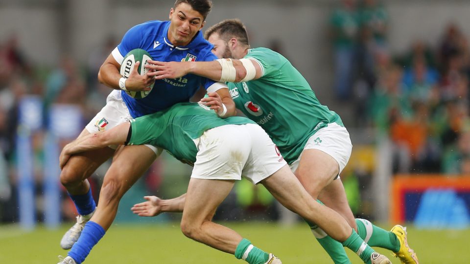 5th August 2023; Aviva Stadium, Dublin, Ireland: Summer International Rugby, Ireland versus Italy; Lorenzo Pani of Italy is tackled by Jimmy O'Brien and Stuart McCloskey of Ireland - Photo by Icon sport