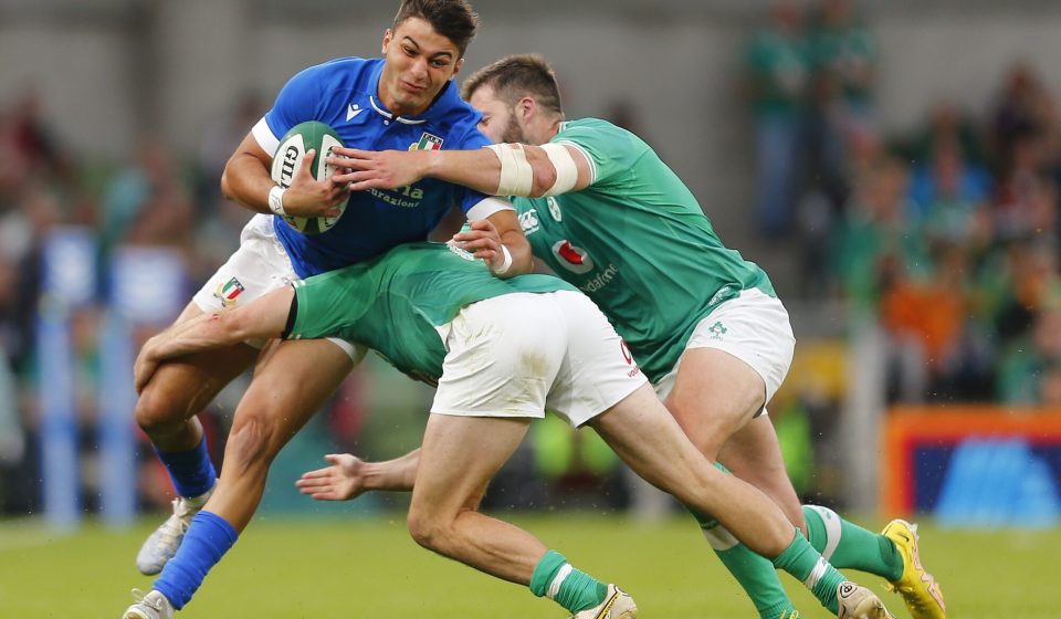 5th August 2023; Aviva Stadium, Dublin, Ireland: Summer International Rugby, Ireland versus Italy; Lorenzo Pani of Italy is tackled by Jimmy O'Brien and Stuart McCloskey of Ireland - Photo by Icon sport