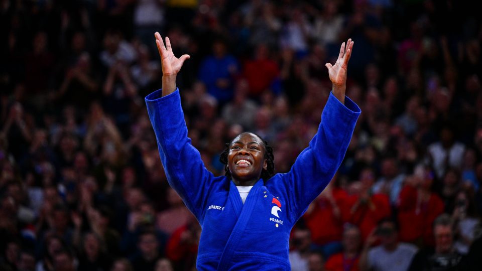 Clarisse AGBEGNENOU of France celebrates after the women’s -63kg final fight during the Paris Grand Slam 2024 - Day 2 at AccorHotels Arena on February 3, 2024 in Paris, France. (Photo by Baptiste Fernandez/Icon Sport)
