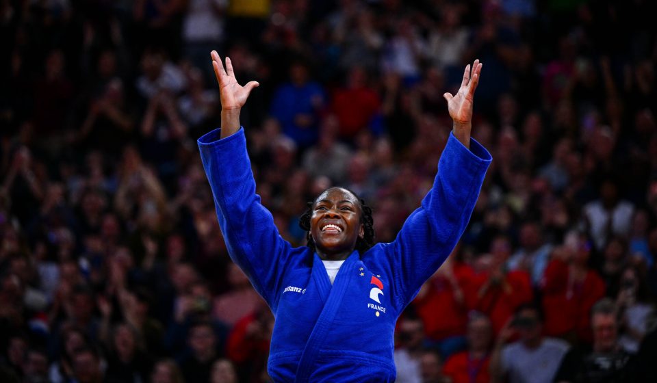 Clarisse AGBEGNENOU of France celebrates after the women’s -63kg final fight during the Paris Grand Slam 2024 - Day 2 at AccorHotels Arena on February 3, 2024 in Paris, France. (Photo by Baptiste Fernandez/Icon Sport)