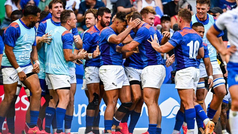 Gerswin MOUTON of Namibia celebrates his try with teammates during the Rugby World Cup 2023 - Match 2 - Pool A between Italy and Namibia at Stade Geoffroy-Guichard on September 9, 2023 in Saint-Etienne, France. (Photo by Baptiste Fernandez/Icon Sport)