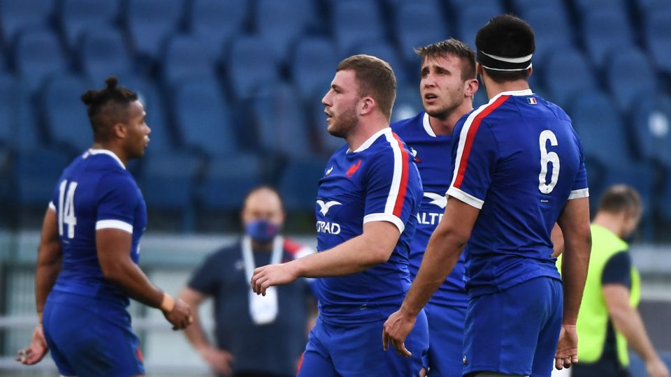 Pierre BOURGARIT of France, Anthony JELONCH of France during the Six Nations Tournament match between Italy and France at Olimpico stadium on February 6, 2021 in Rome, Italy. (Photo by Anthony Dibon/Icon Sport) - Anthony JELONCH - Pierre BOURGARIT - Stadio Olimpico - Rome (Italie)