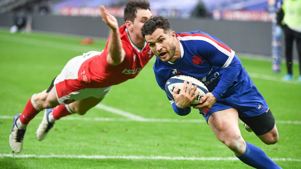 Brice DULIN of France scores a try during the RBS Six Nations match between France and Wales on March 20, 2021 in Paris, France. (Photo by Anthony Dibon/Icon Sport) - Stade de France - Paris (France)