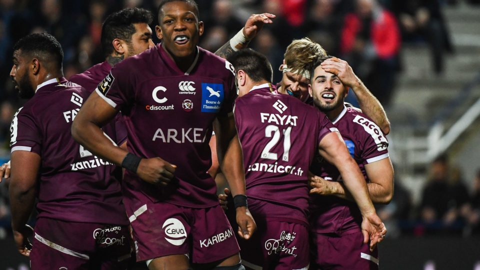 Jules GIMBERT of Bordeaux celebrates with his team mates during the Top 14 match between Clermont and Bordeaux on February 22, 2020 in Clermont-Ferrand, France. (Photo by Anthony Dibon/Icon Sport) - Jules GIMBERT - Stade Marcel Michelin - Clermont Ferrand (France)