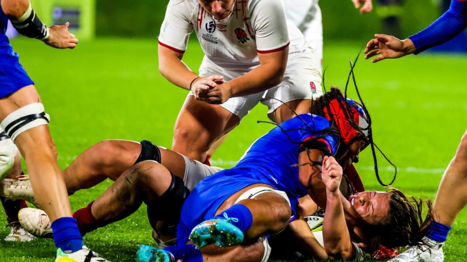 France's Safi Ndiaye tackles England's Abbie Ward during the 2022 Women's Rugby World Cup match between England and France at Northland Events Centre, New Zealand on Sunday, 15 October 2022. Photo: Dave Lintott / lintottphoto.co.nz